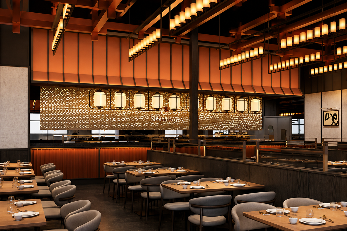 Stylish dining room with glowing lanterns at Sushi Haya, a Japanese Restaurant in Baytown