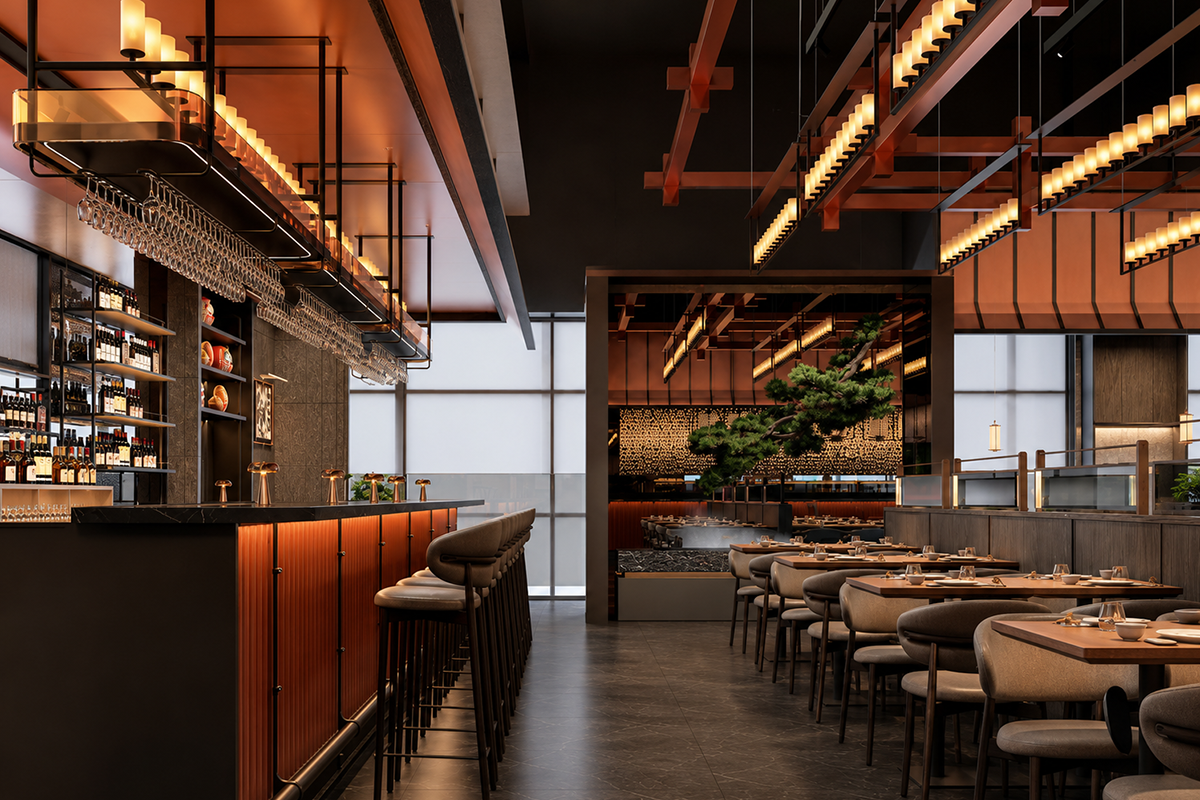 Upscale dining room and bar area at Sushi Haya, a Japanese Restaurant in Baytown