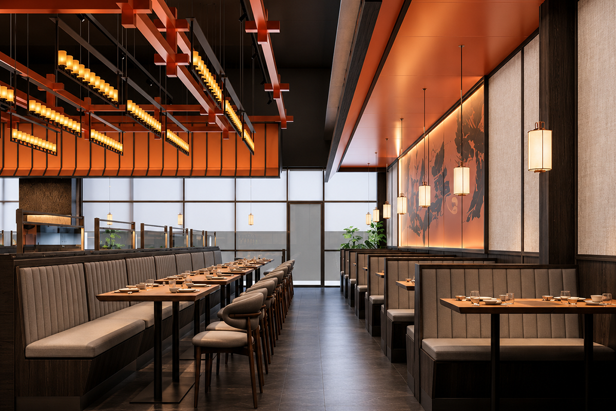 Spacious dining area with booth seating at Sushi Haya, a Japanese Restaurant in Baytown