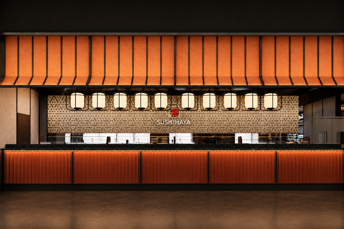 Open sushi counter with lantern display at Sushi Haya, a Japanese Restaurant in Baytown