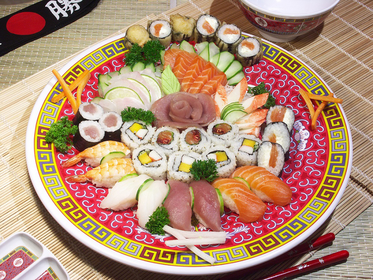 A platter of assorted sushi including nigiri, maki, and sashimi, beautifully arranged at Sushi Hibachi Bistro, a Japanese Restaurant in Henrico