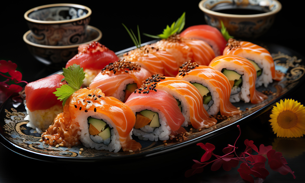 Sushi-Infinity-Japanese-Restaurant-Assorted-Sushi-Rolls-Platter-Halifax Assorted sushi rolls with salmon, tuna and garnishes at Sushi Infinity, a Japanese Restaurant in Halifax