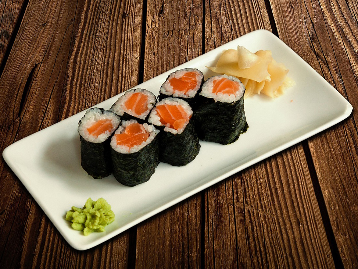 Salmon maki sushi rolls with wasabi and pickled ginger at Sushi Kai, a Japanese Restaurant in Tallahassee