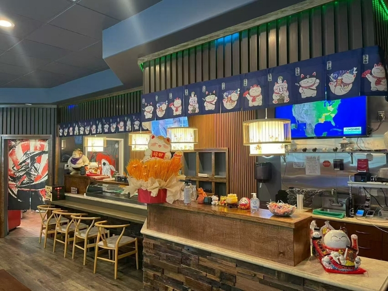 Sushi-King-&-Grill-Japanese-Restaurant-Restaurant-Interior-Corona The interior of Sushi King & Grill with Japanese decor.