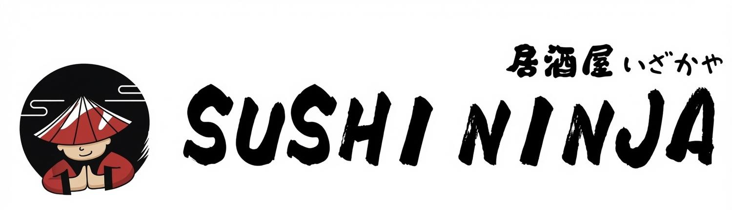 Sushi Ninja horizontal logo. Left: cartoon ninja character in red conical hat inside black circle. Center: brush-style text "SUSHI NINJA". Top right: Japanese 居酒屋 いざかや. White background.
