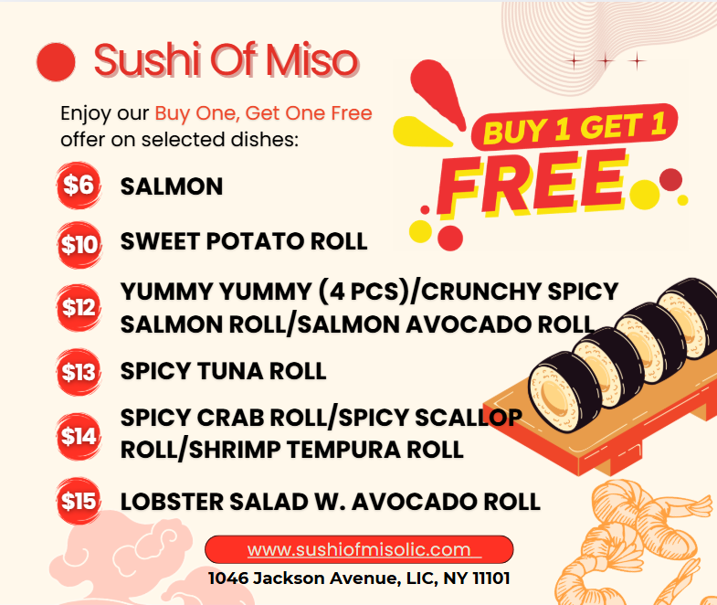 Sushi of Miso promo: buy-one-get-one free on selected rolls priced $6–$15, website and address listed.