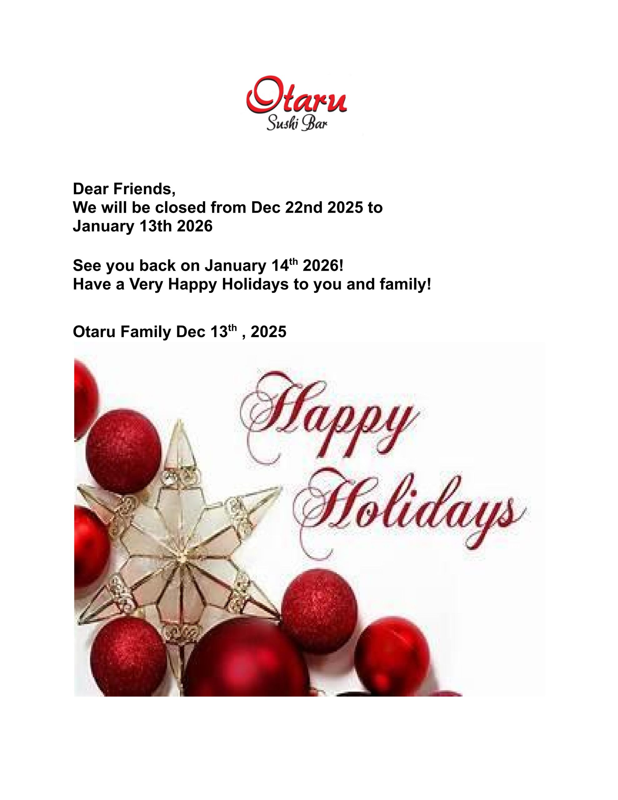 Otaru Sushi Bar holiday closure notice: Closed from Dec 22, 2025, to Jan 13, 2026, with a festive 