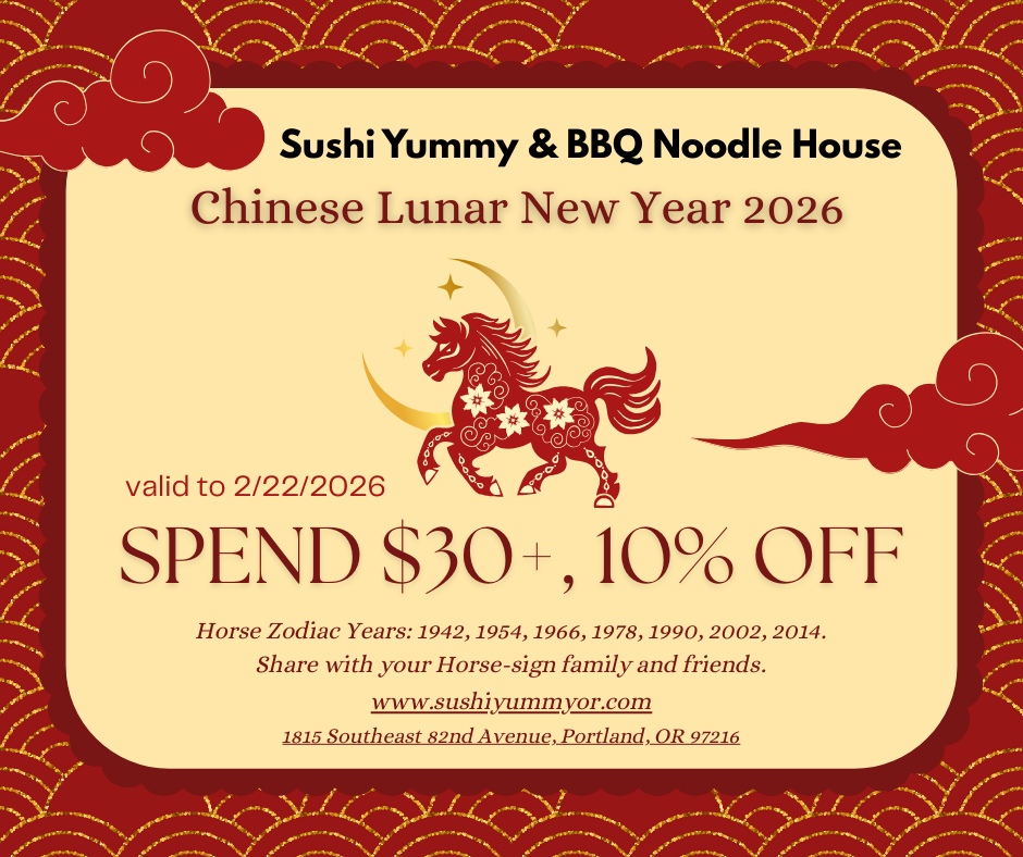 2026 Lunar New Year discount poster for Sushi Yummy & BBQ Noodle House, $30+ gets 10% off, valid to 2/22/2026, horse zodiac offer