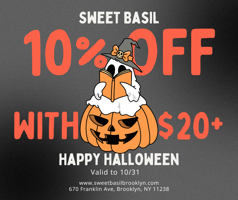 Halloween-themed Sweet Basil promo: 10% off orders $20+ until Oct 31, featuring a ghost reading on a pumpkin.