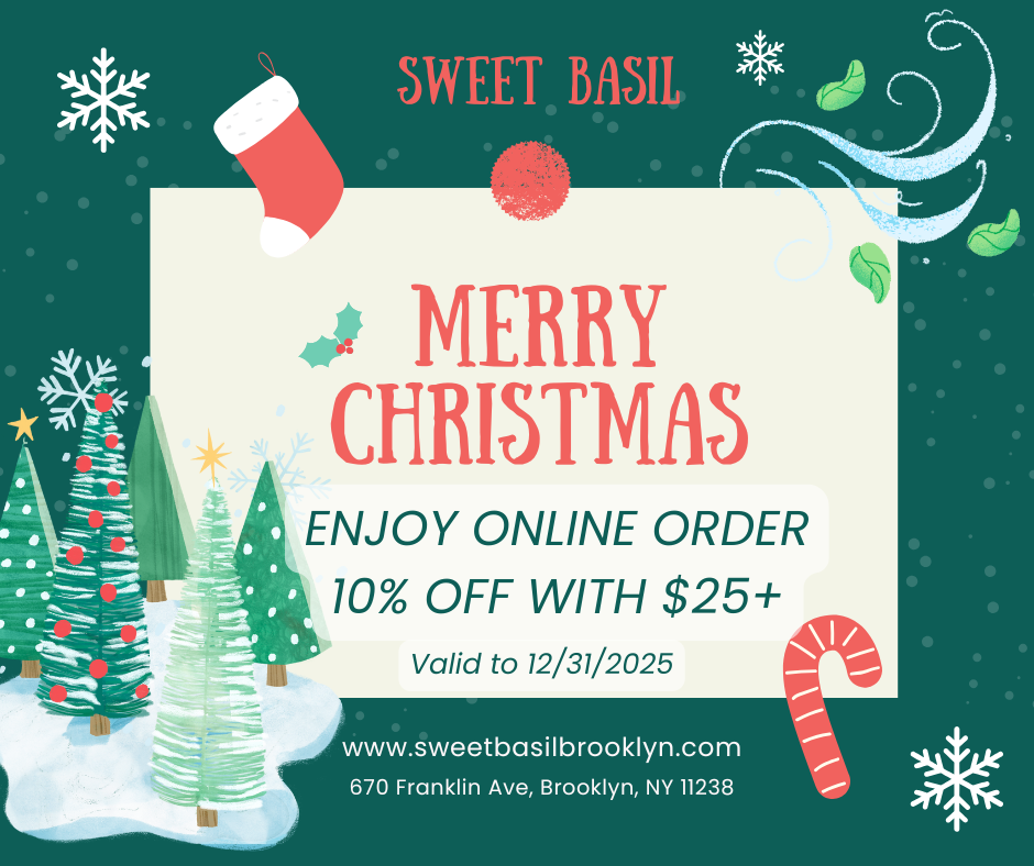 Sweet Basil Christmas promo: 10% off online orders $25+; festive trees, snowflakes, and holiday graphics.