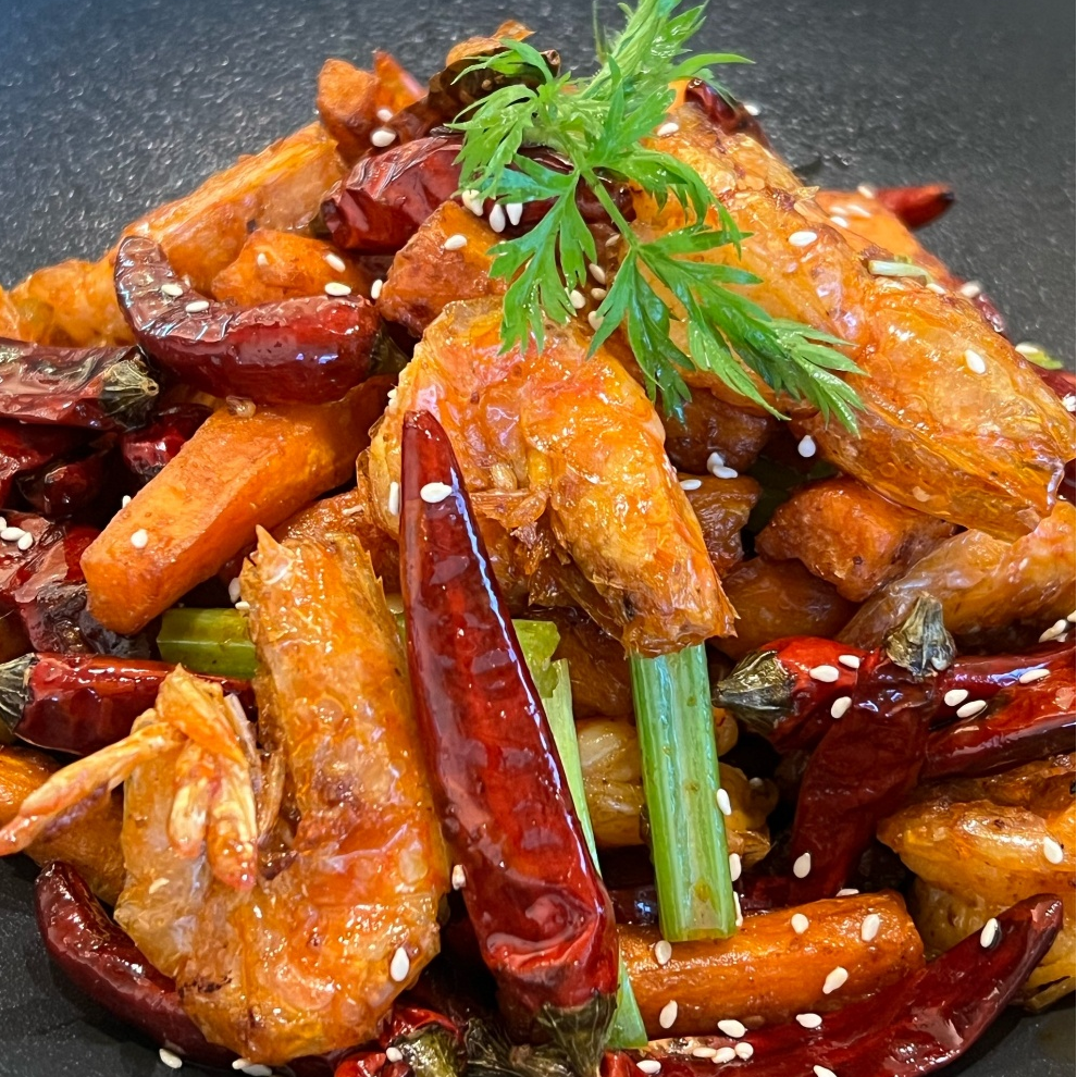 Spicy shrimp with red chili peppers at Sweet Crisp Duck, a Chinese Restaurant in Newark