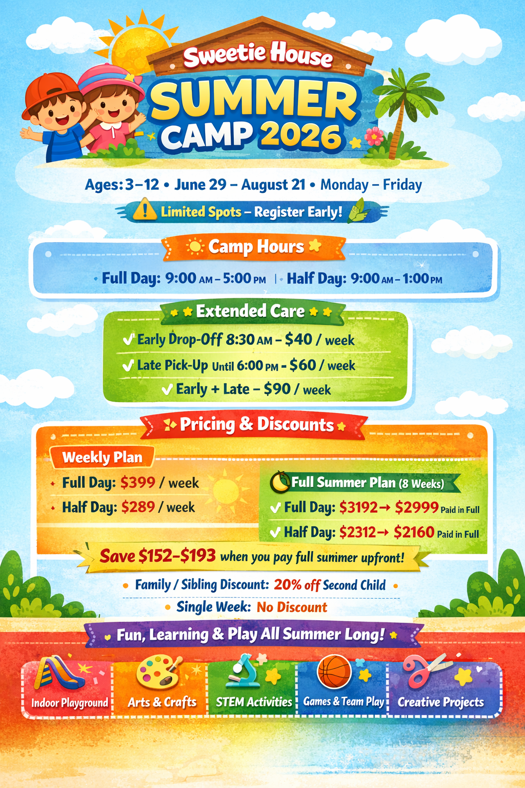 Sweetie House Summer Camp 2026 flyer for ages 3-12, June 29-August 21. Shows camp hours, pricing, extended care options, and activities including arts, STEM, and games.