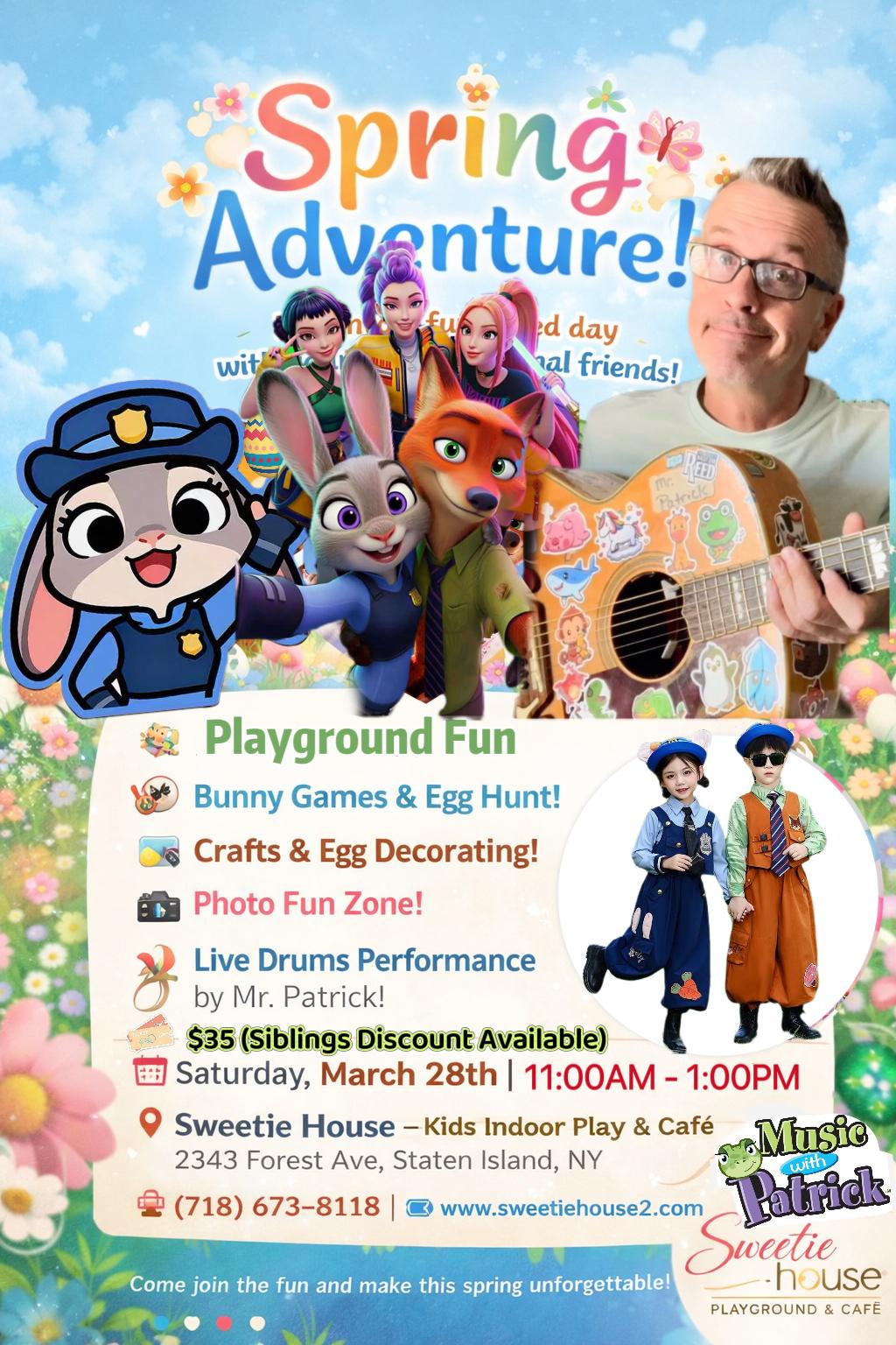 Spring Adventure event flyer for Sweetie House Kids Indoor Play & Cafe
