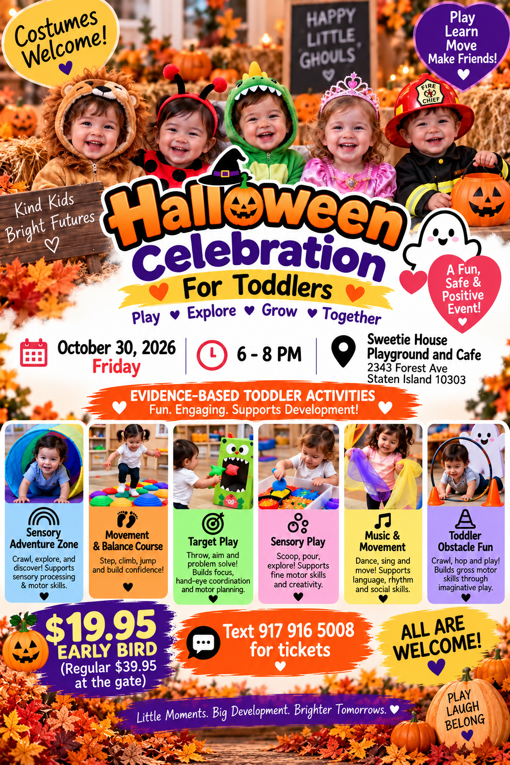 Poster for a toddler Halloween event on Oct 30, 2026, featuring kids in costumes and activity stations.