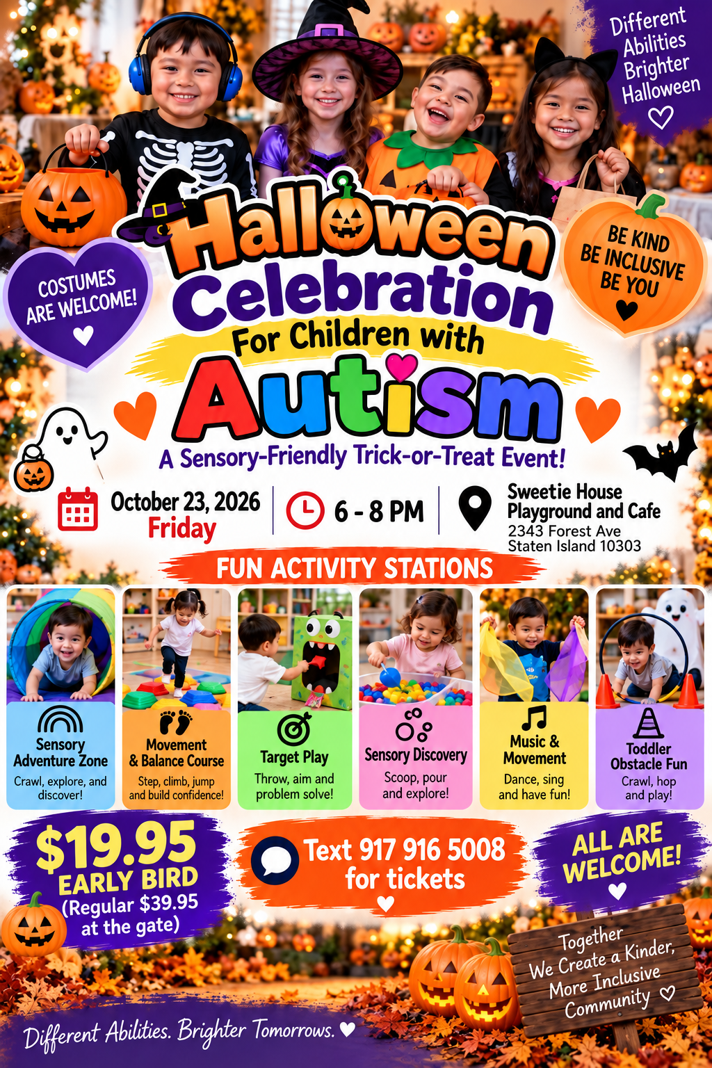 Poster for a sensory-friendly Halloween event for children with autism on Oct 23, 2026, featuring kids in costumes.