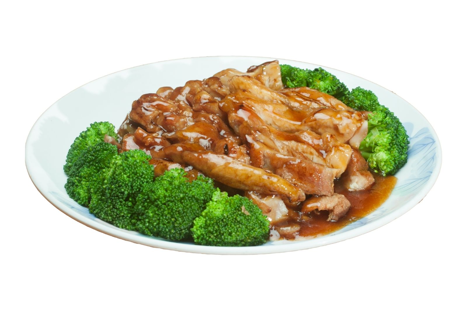 Tender chicken with glossy sauce served with fresh broccoli at Szechuan Garden, a Chinese Sichuan Restaurant in Fair Oaks