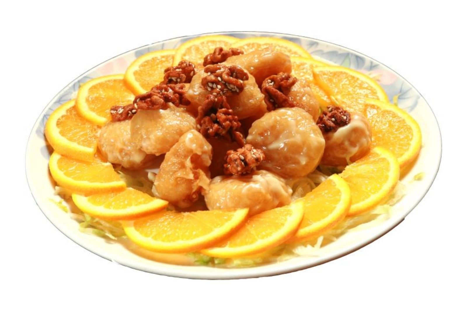 Crispy shrimp with sweet glaze and walnuts garnished with oranges at Szechuan Garden, a Chinese Sichuan Restaurant in Fair Oaks