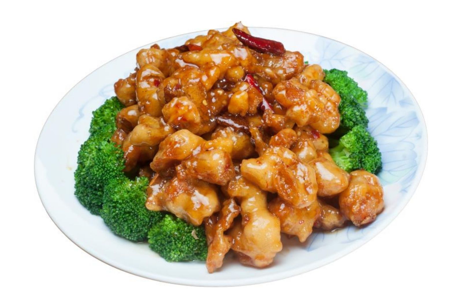 Crispy chicken in sweet-and-sour sauce served with broccoli at Szechuan Garden, a Chinese Sichuan Restaurant in Fair Oaks