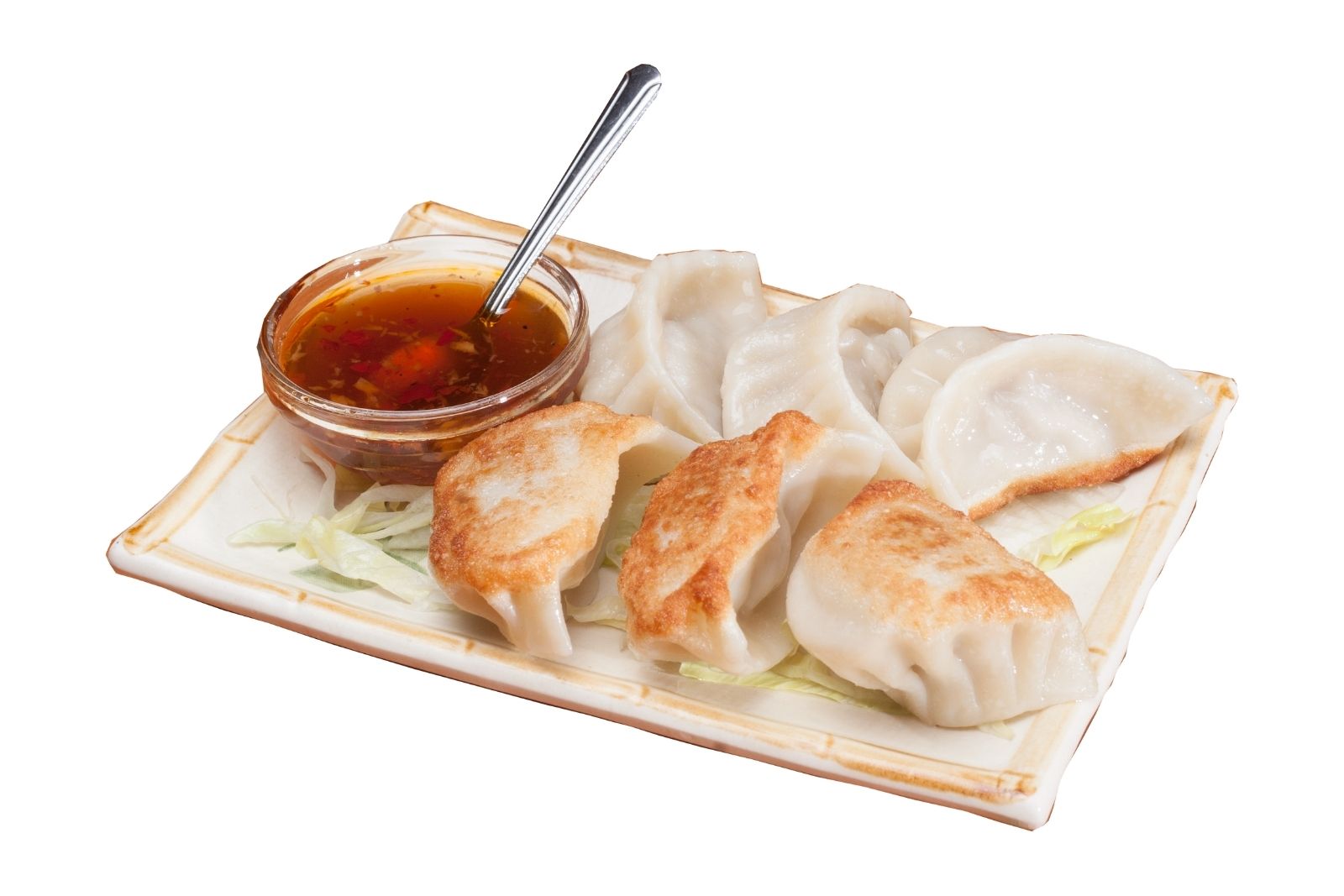 Pan-fried dumplings served with spicy dipping sauce at Szechuan Garden, a Chinese Sichuan Restaurant in Fair Oaks