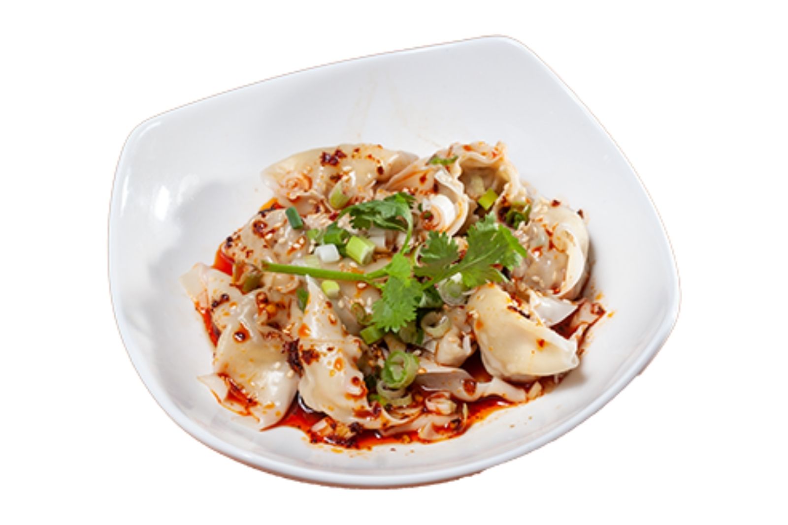 Spicy wontons tossed in chili oil with cilantro and scallions at Szechuan Garden, a Chinese Sichuan Restaurant in Fair Oaks