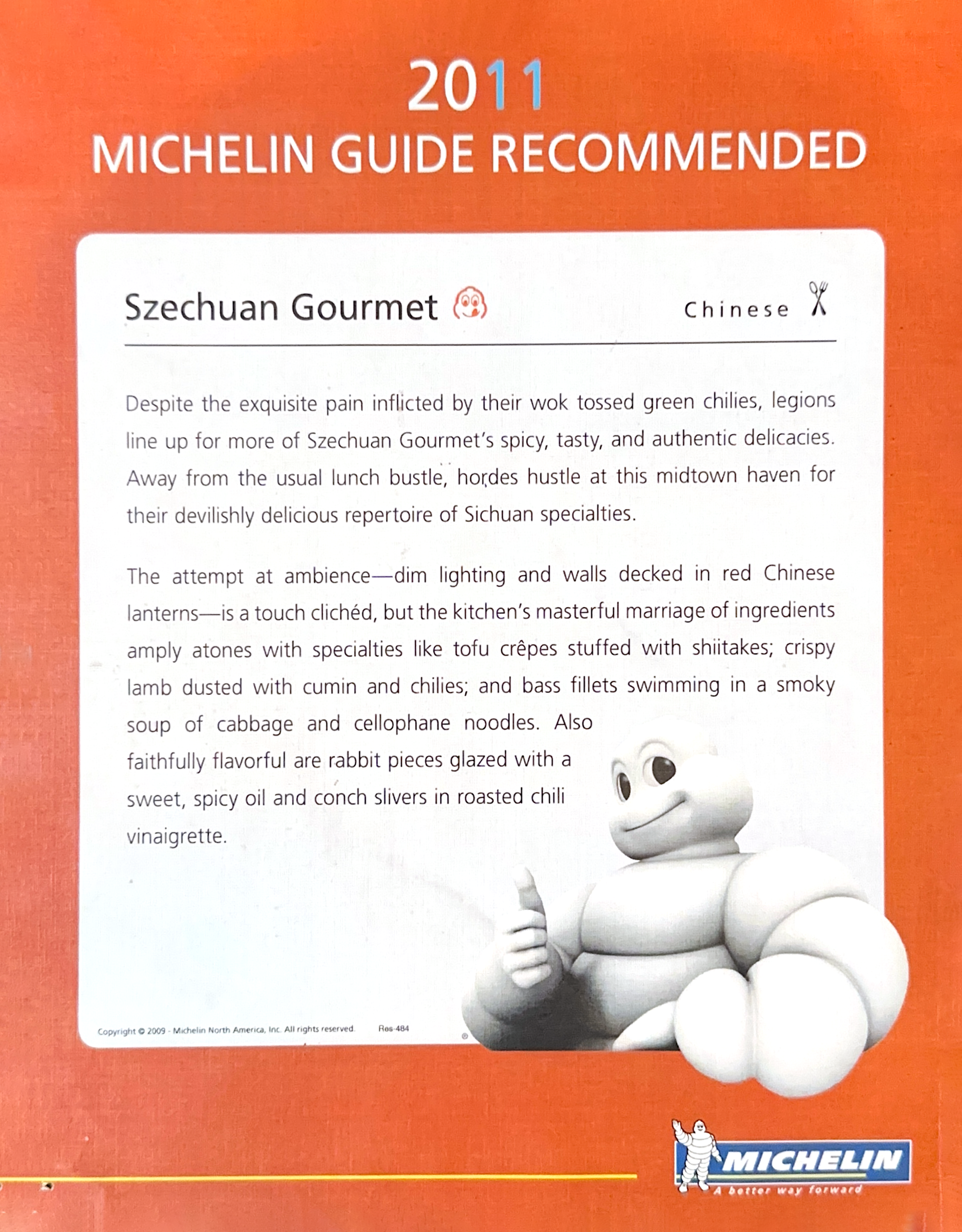 2011 Michelin Guide recommendation for Szechuan Gourmet, featuring spicy Sichuan dishes like cumin lamb and chili bass at Szechuan Gourmet, a Chinese restaurant in New York