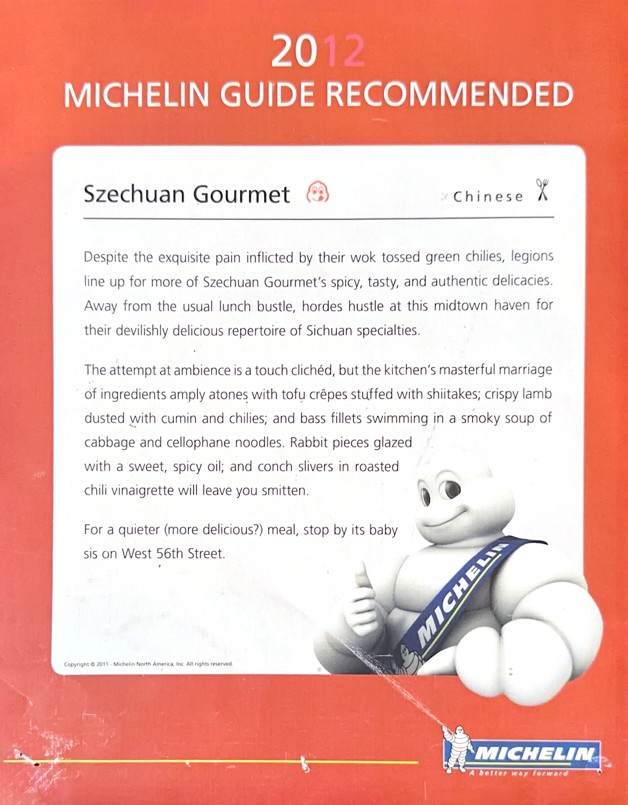 2012 Michelin recommendation for Szechuan Gourmet, featuring spicy cumin lamb and chili bass fillets at Szechuan Gourmet, a Chinese restaurant in New York
