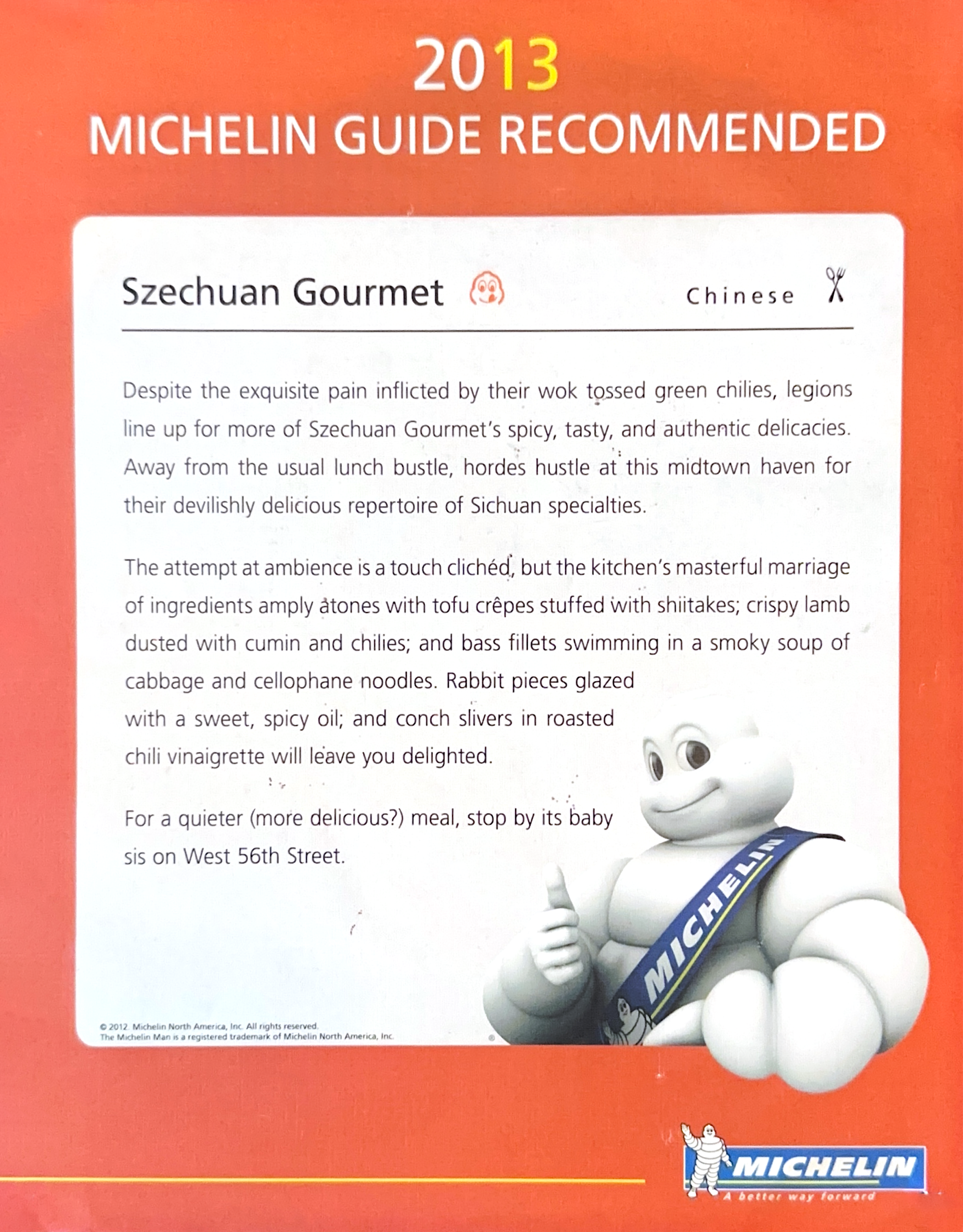 2013 Michelin Guide praises Szechuan Gourmet's chili conch and smoked duck at Szechuan Gourmet, a Chinese restaurant in New York
