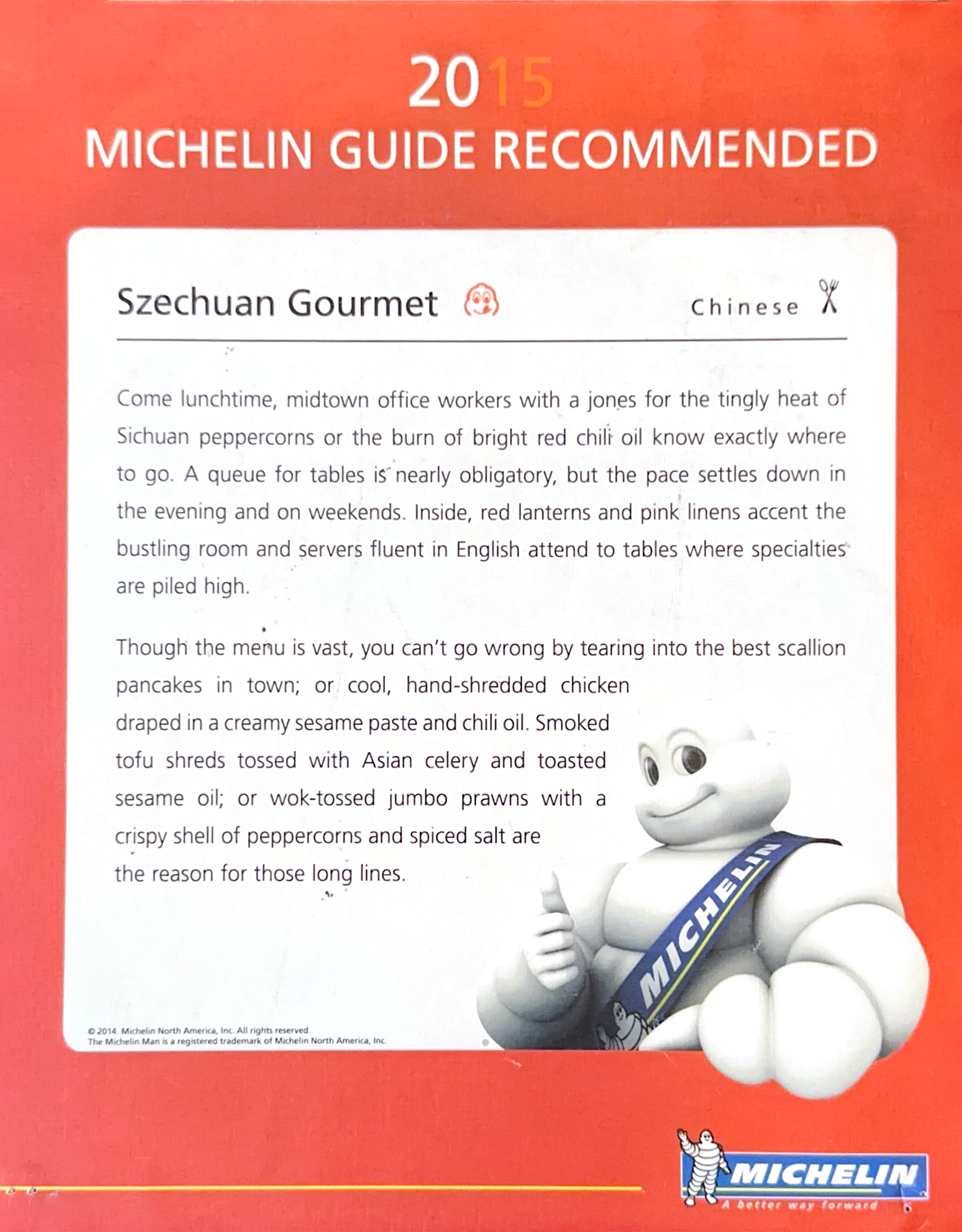 2015 Michelin recommends scallion pancakes and sesame chicken at Szechuan Gourmet at Szechuan Gourmet, a Chinese restaurant in New York