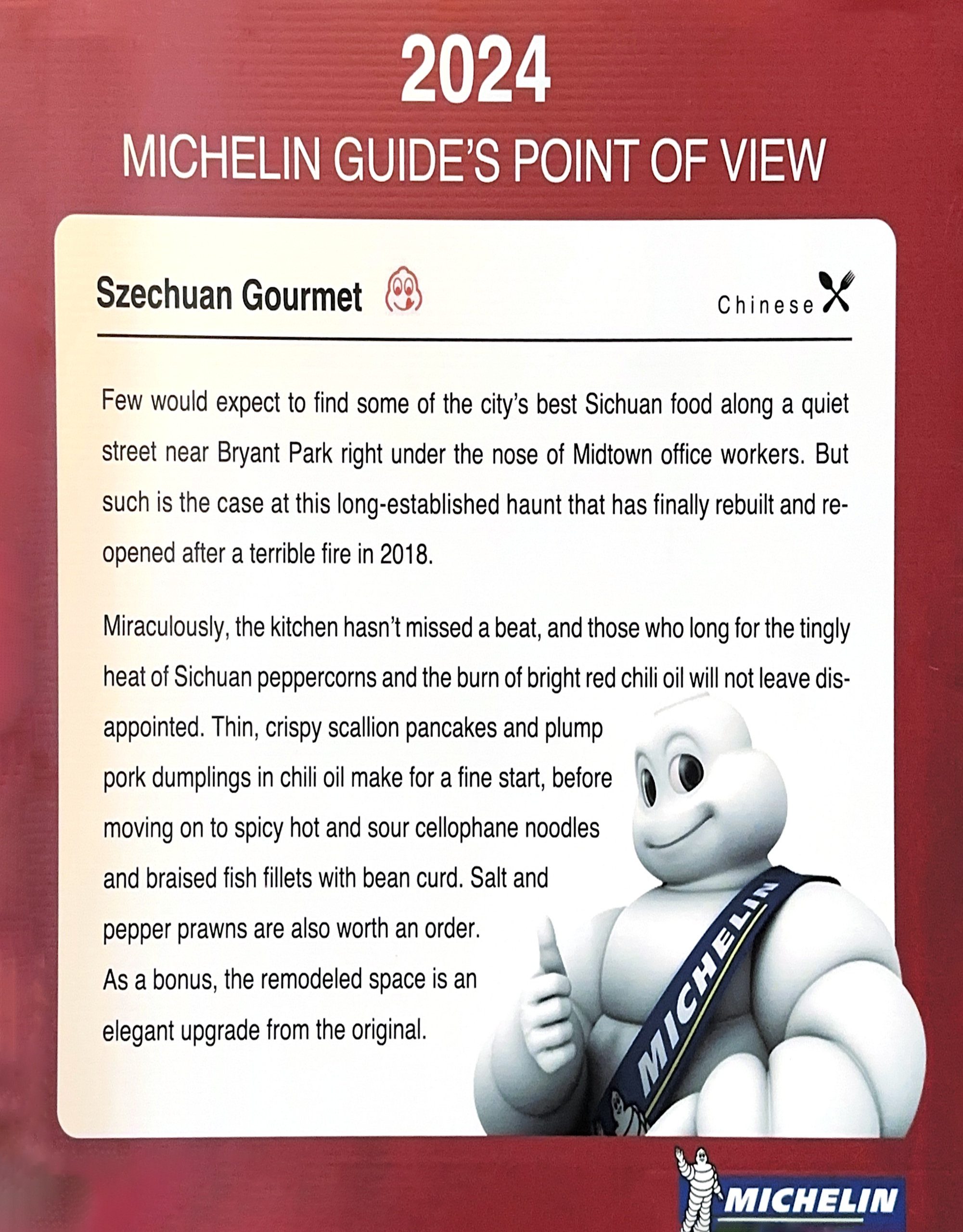 2024 Michelin praises Szechuan Gourmet's upgraded space and chili oil noodles at Szechuan Gourmet, a Chinese restaurant in New York