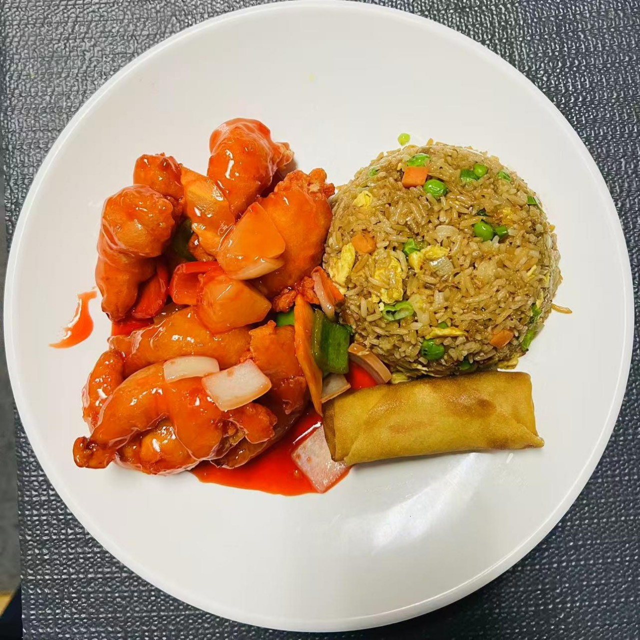 Lunch combo with sweet-sour shrimp, fried rice and egg roll at Szechuan Impression, a Chinese Restaurant in Federal Way