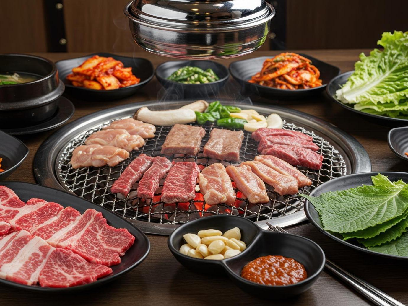 T-Pot&BBQ-Asian-Fusion-Restaurant-Korean-Style-BBQ-Set-College-Park Korean Style BBQ Set - Assorted raw meats, kimchi, and accompaniments for Korean barbecue at T-Pot & BBQ, a Asian Fusion Restaurant in College Park