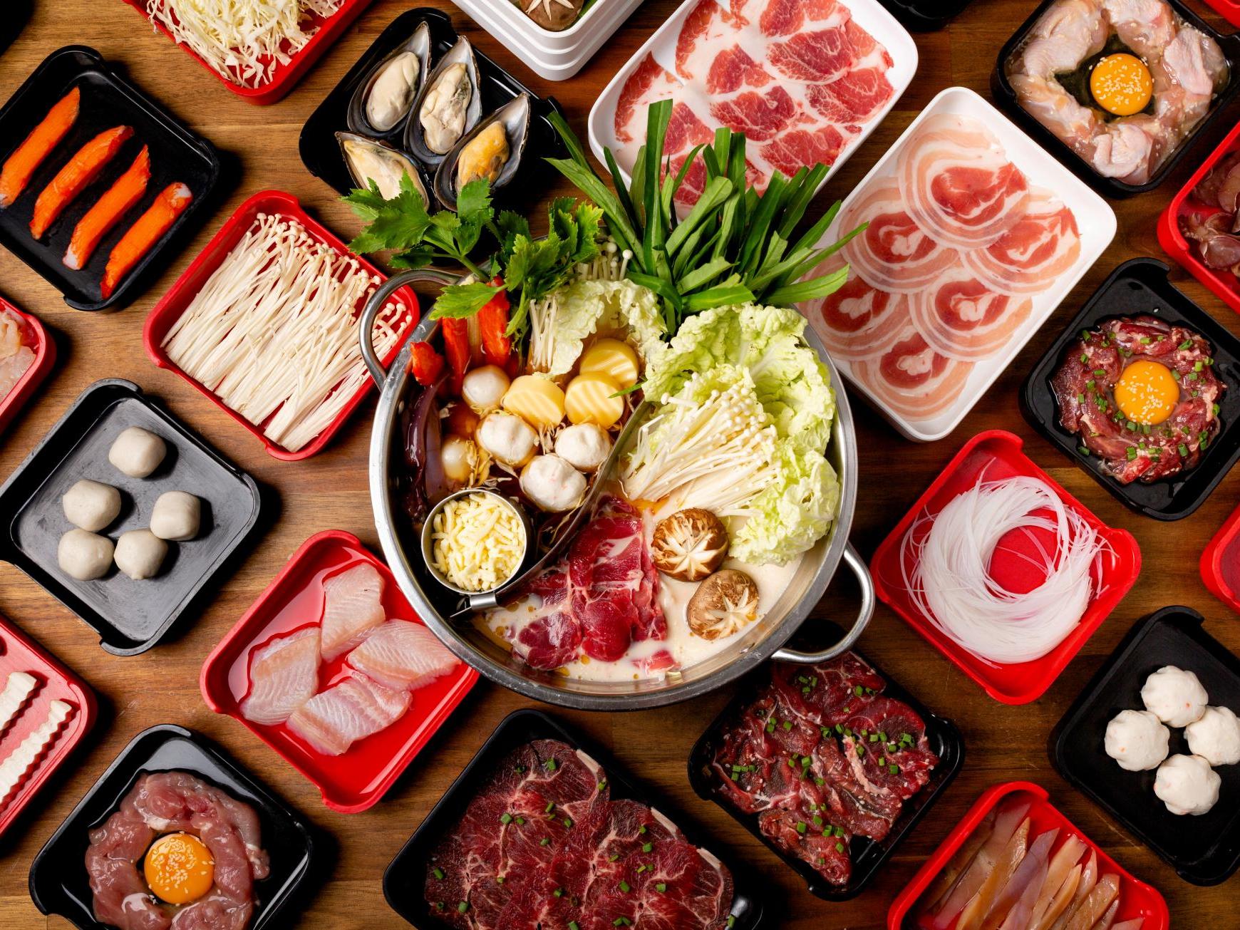 T-Pot&BBQ-Asian-Fusion-Restaurant-Variety-Hot-Pot-Ingredients-College-Park Variety Hot Pot Ingredients - A diverse selection of meats, seafood, veggies, and mushrooms for hot pot at T-Pot & BBQ, a Asian Fusion Restaurant in College Park