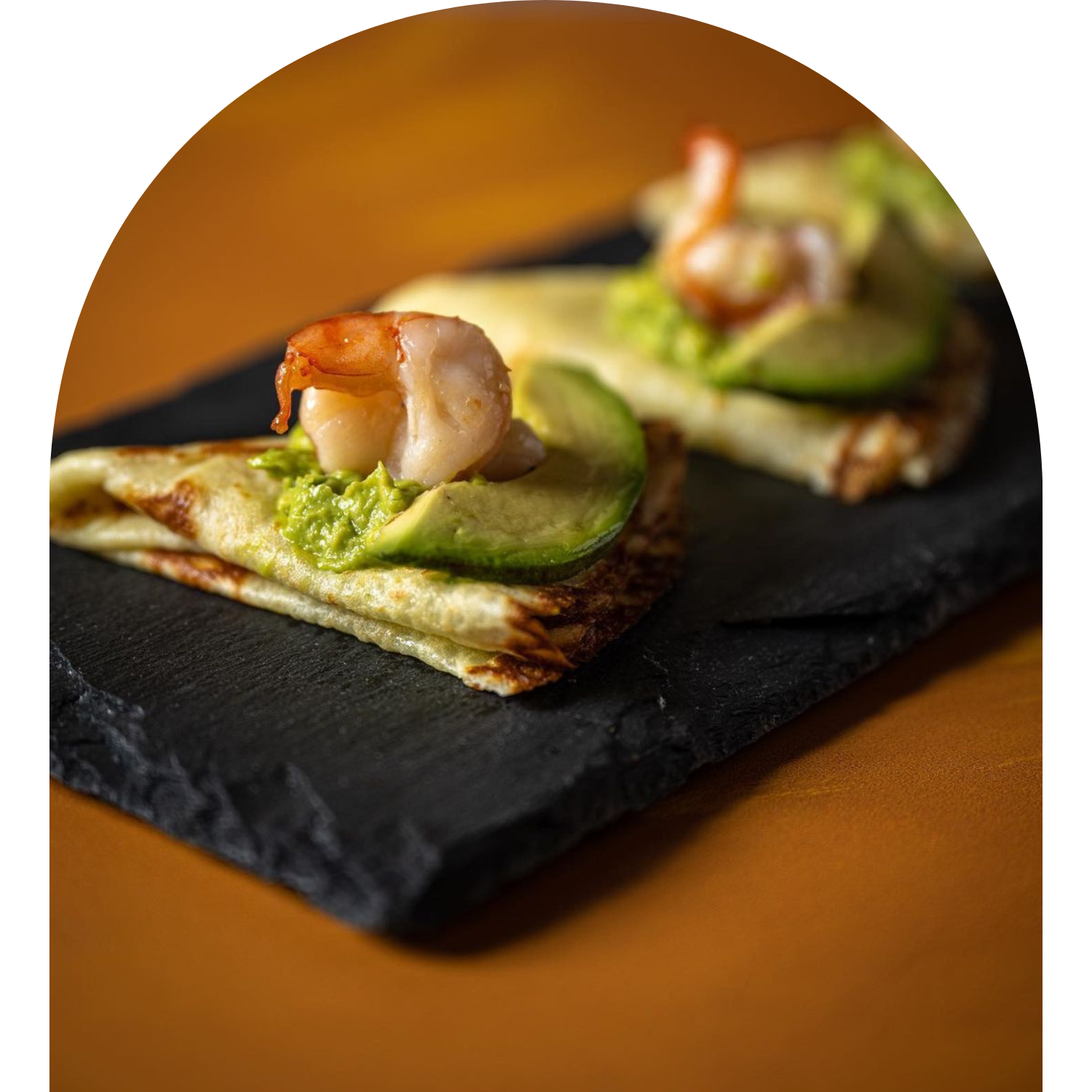 Shrimp and avocado crepes on a black slate at T-Swirl Crêpe，a Japanese Crêperie & Bubble Tea Shop in Phoenixville