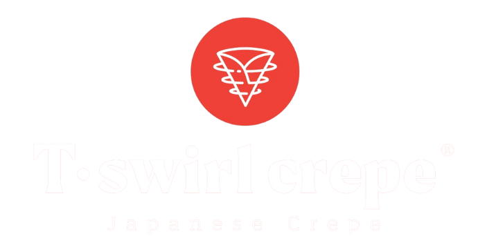 T・swirl crepe brand logo, with a white crepe - shaped pattern inside a red circle and the white brand name text below