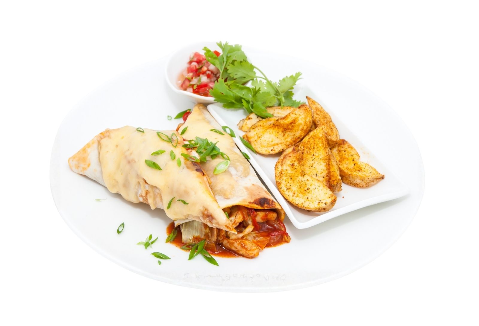 Chicken chimichanga with potato wedges and salsa at Taco Vida, a Mexican Restaurant in New York