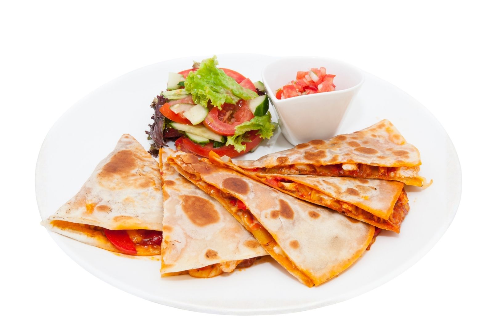 Chicken quesadillas with side salad and salsa at Taco Vida, a Mexican Restaurant in New York