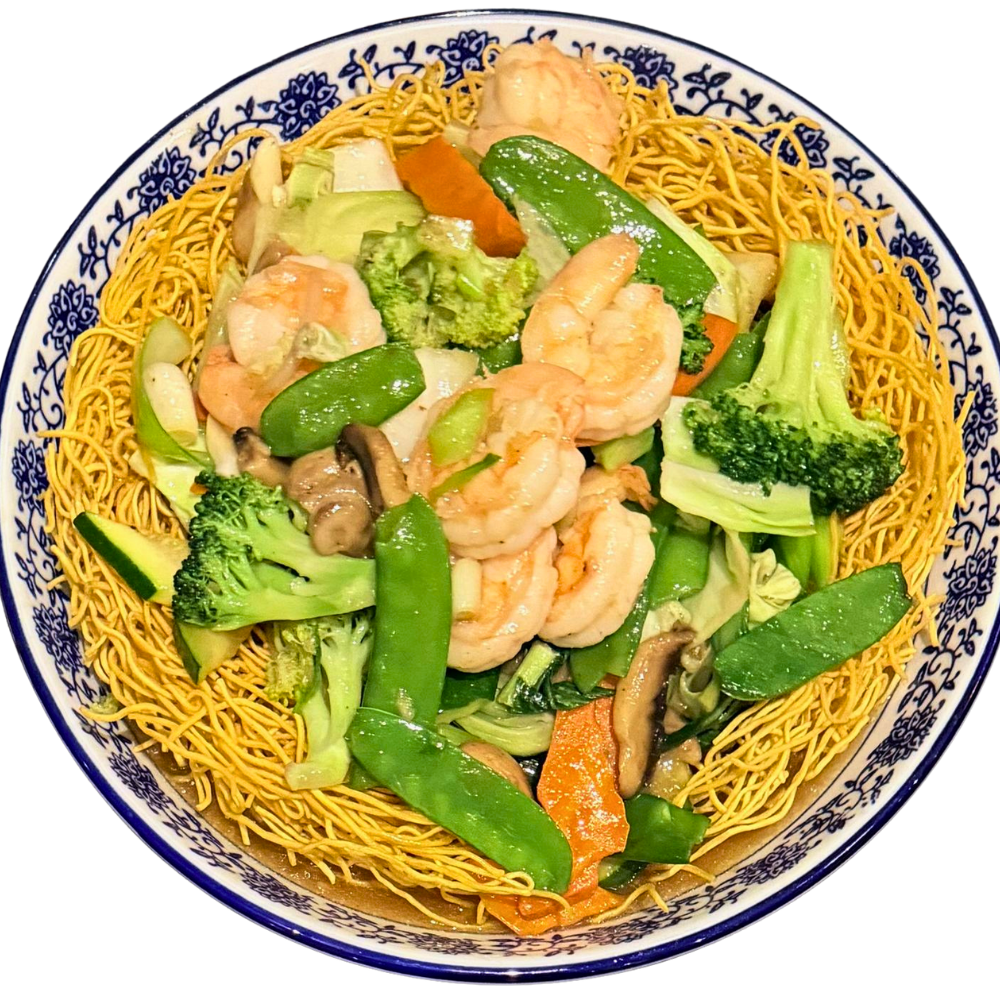 Taiwan-Restaurant-Chinese-restaurant-Hong-Kong-Style-Crispy-Noodle-San-Jose Crispy noodles with veggies and shrimp at Taiwan Restaurant, a Chinese restaurant in San Jose.