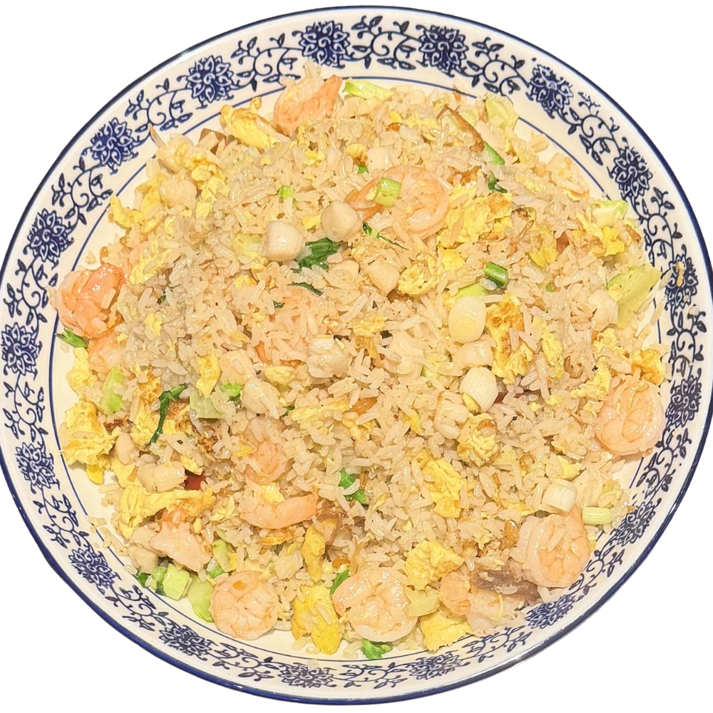 Taiwan-Restaurant-Chinese-restaurant-Taiwan-Signature-Fried-Rice-San-Jose Fried rice with shrimp, eggs and nuts at Taiwan Restaurant, a Chinese restaurant in San Jose.