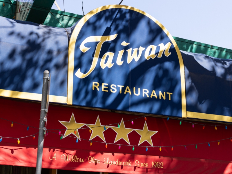 Taiwan Restaurant main sign with blue awning and red trim