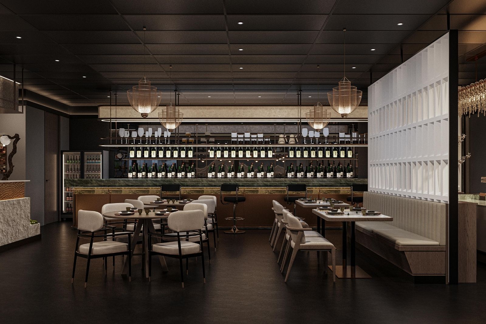 Bar lounge area with beverage display & mixed seating at Takumi Sushi A.Y.C.E, a Japanese Restaurant in Columbus