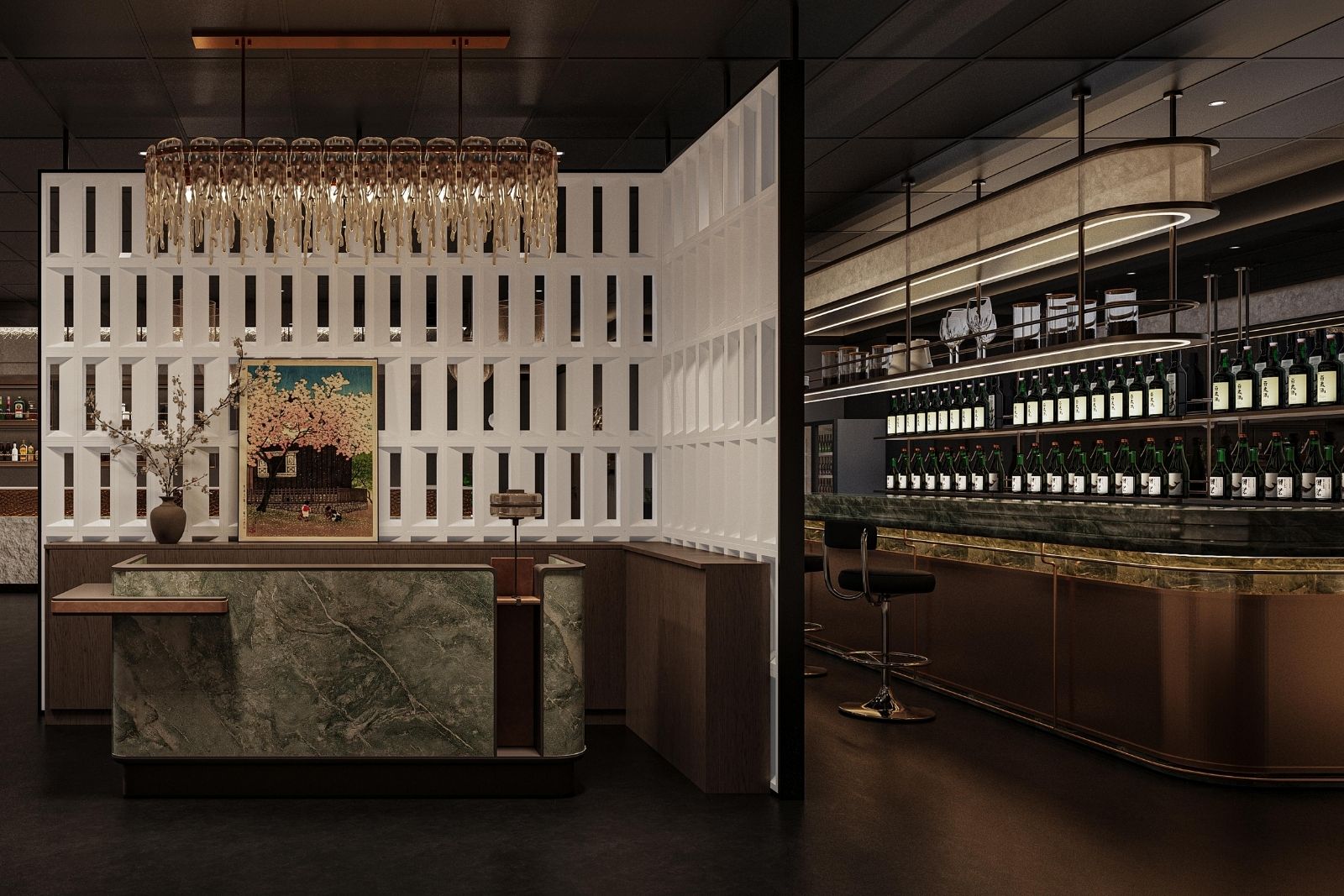 Reception area with marble counter & decorative chandelier at Takumi Sushi A.Y.C.E, a Japanese Restaurant in Columbus