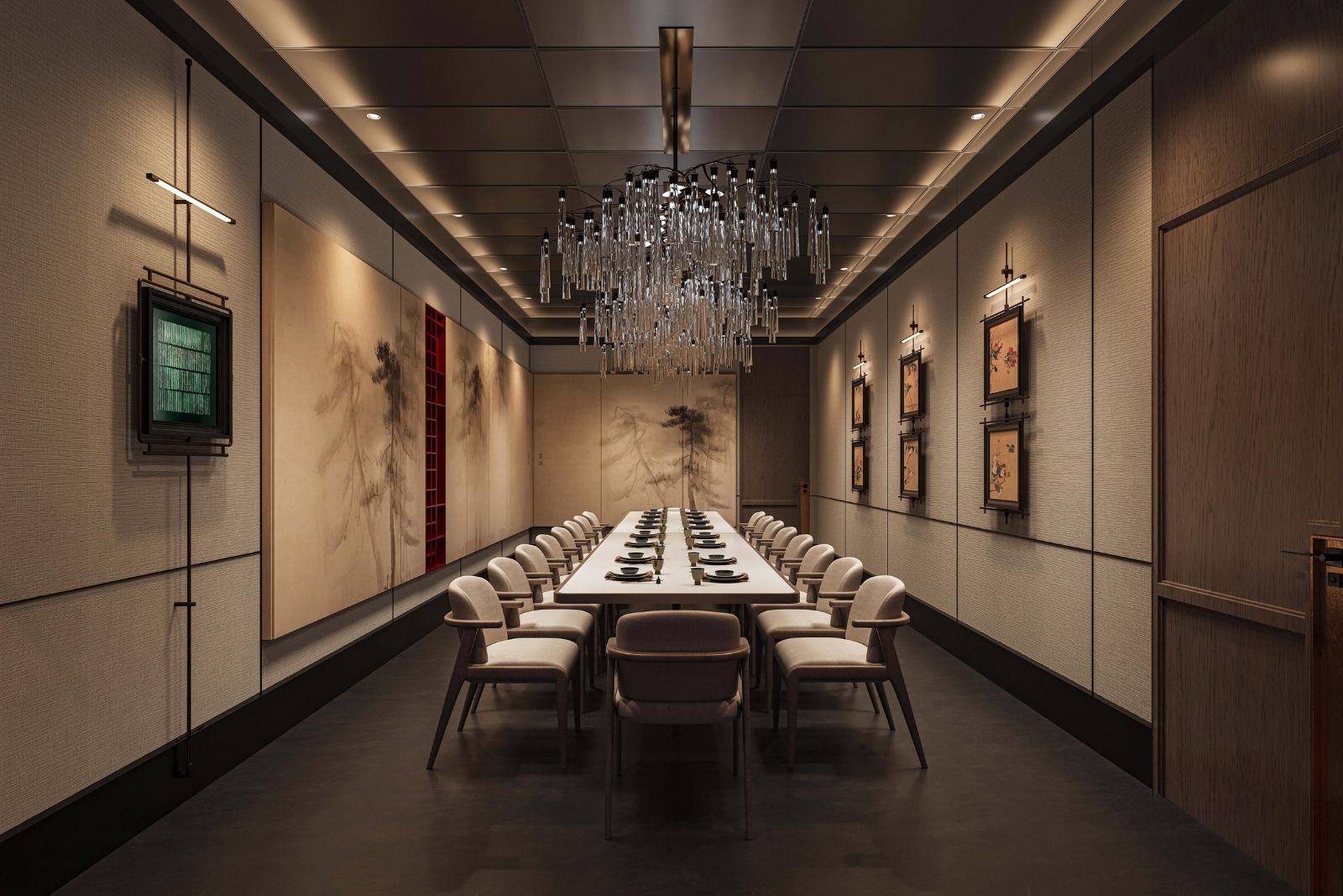 Luxury private dining room with long table & crystal chandelier at Takumi Sushi A.Y.C.E, a Japanese Restaurant in Columbus