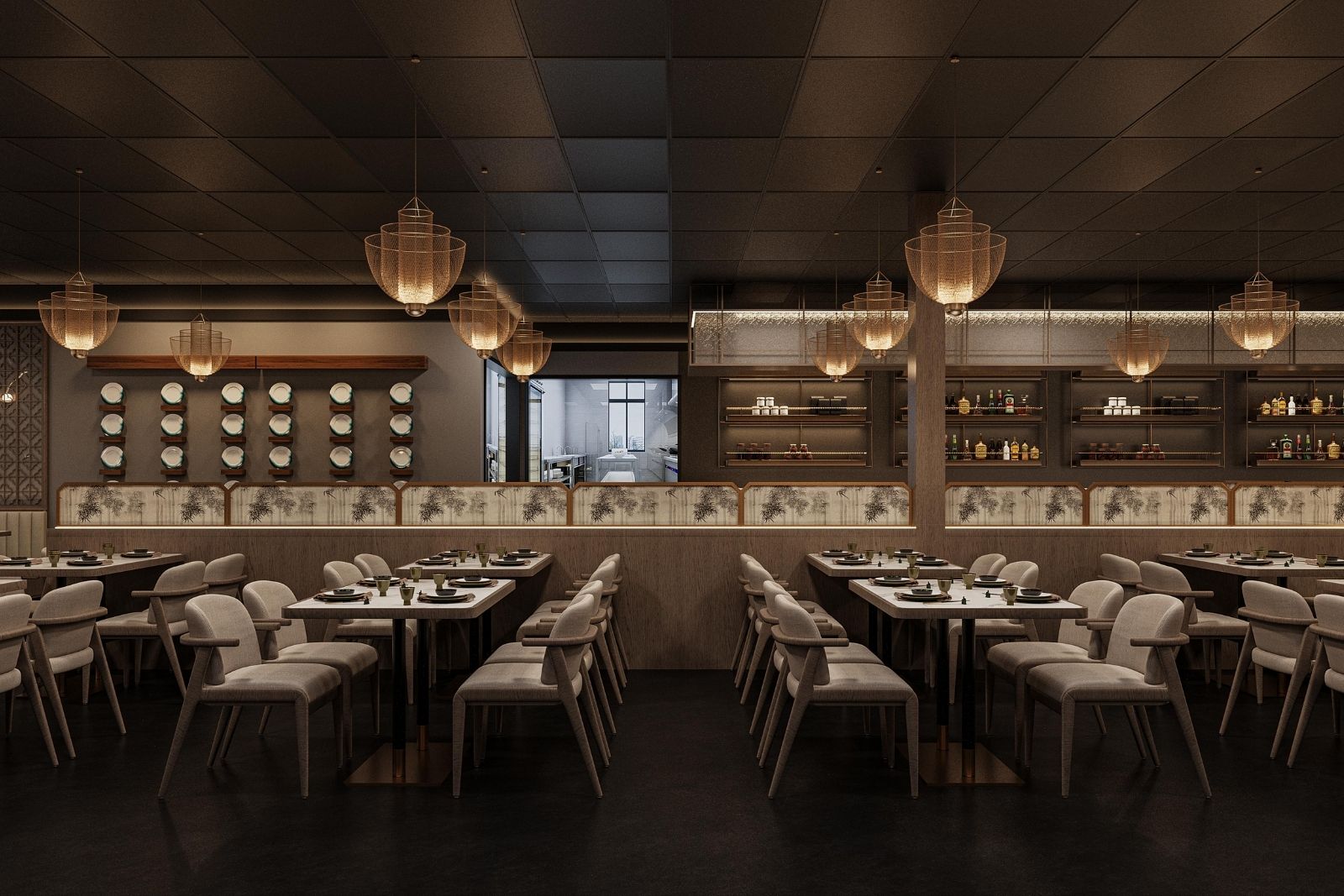 Casual dining zone with wall-mounted dish display at Takumi Sushi A.Y.C.E, a Japanese Restaurant in Columbus