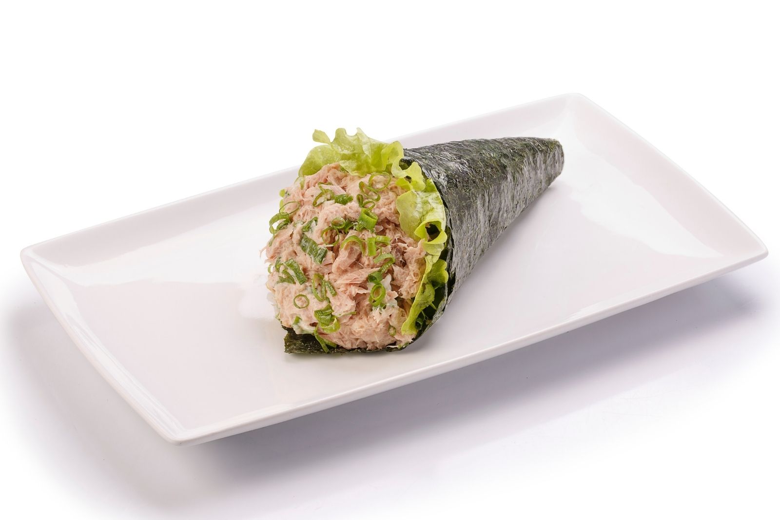 Tuna & lettuce temaki cone with scallion garnish at Takumi Sushi A.Y.C.E, a Japanese Restaurant in Columbus