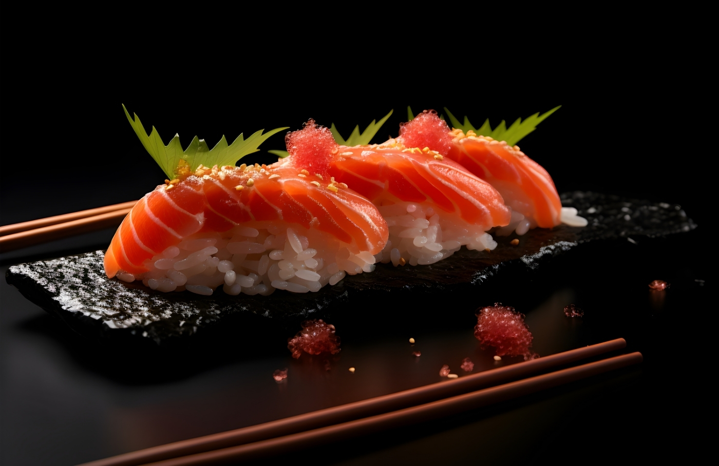 Garnished salmon nigiri sushi on dark stone plate at Takumi Sushi, a Sushi Restaurant in Seattle