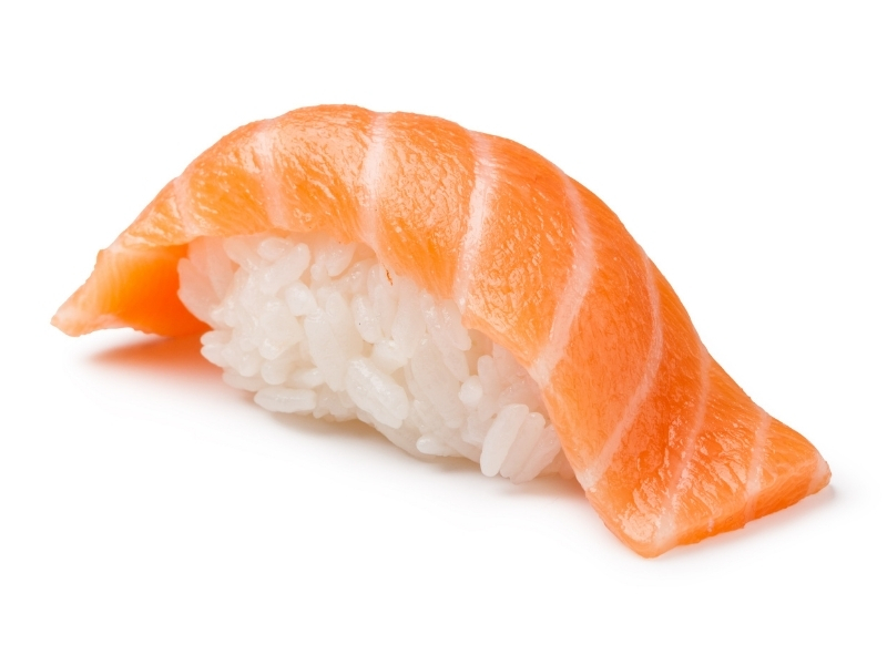 Salmon nigiri sushi with plump seasoned rice at Takumi Sushi, a Sushi Restaurant in Seattle
