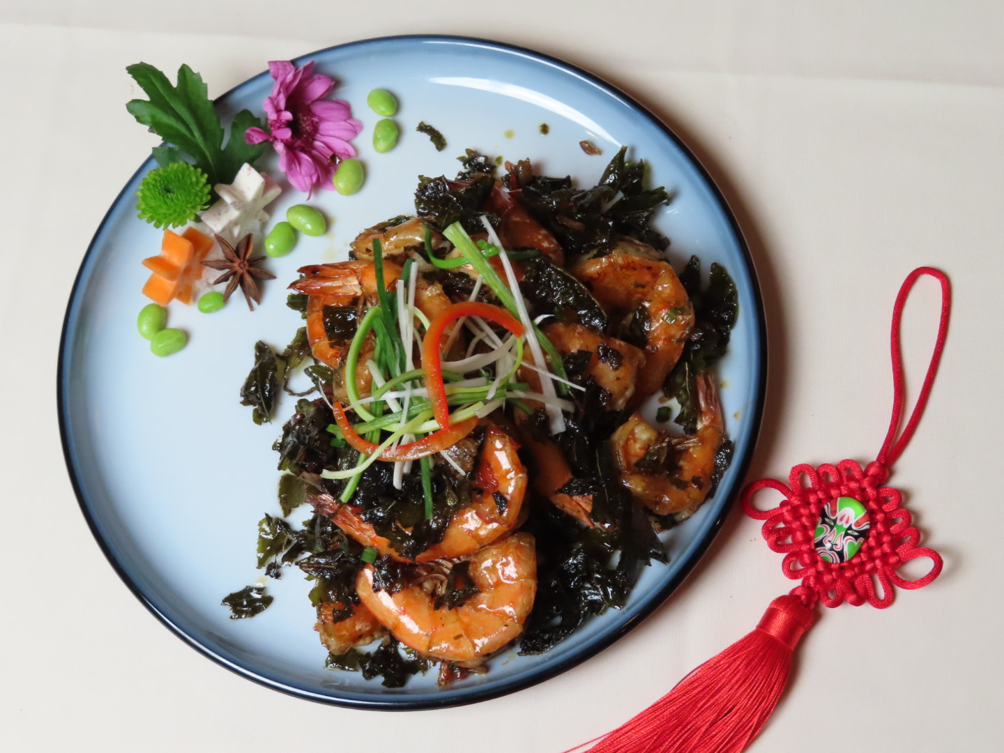 Shrimp stir - fried with tea leaves at Tang Pavilion, a Chinese Restaurant in New York