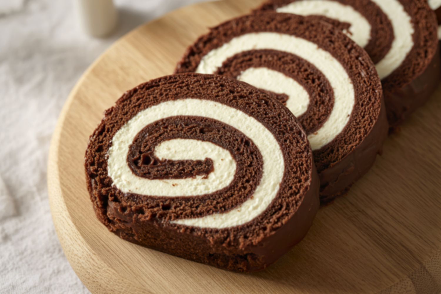 Chocolate cream roll cake slices on a wooden board at Tangscape, a Cafe in Forest Hills