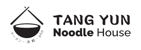 Logo of "Tang Yun Noodle House". It features a black bowl with chopsticks crossing above it on the left. To the right, the text "TANG YUN" is in a bold, stylized font, and below it, "Noodle House" is written in a simpler typeface. There are also some small Chinese characters near the bowl