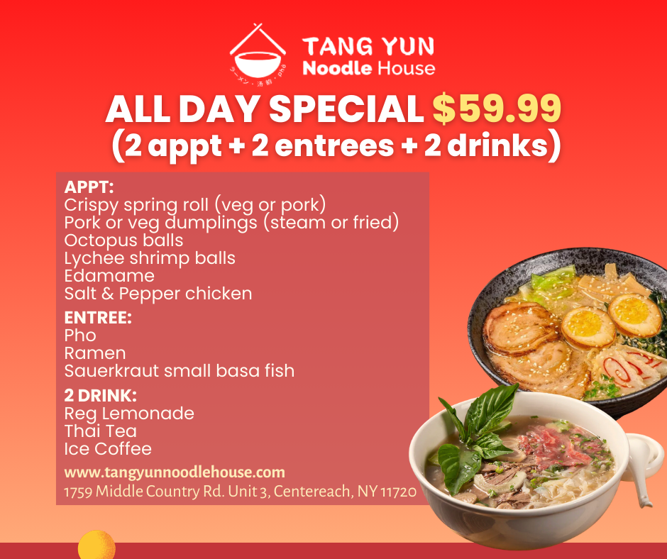 All day special $59.99  (2 appt + 2 entrees + 2 drinks)